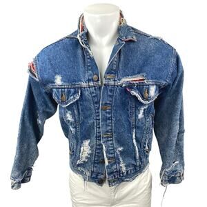 Levi's Men's Blue Distressed Long Sleeve Graphic Denim Jeans Coat Jacket Size XS